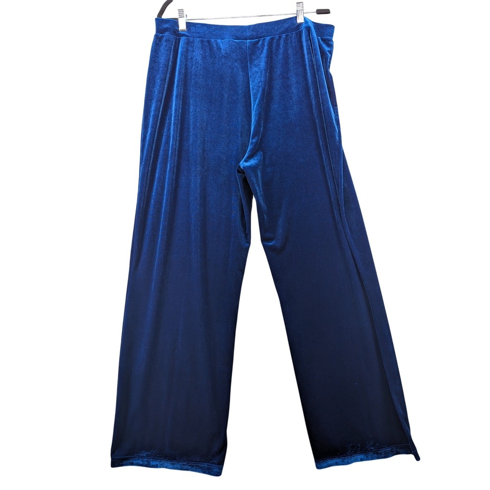 Jaclyn Smith Blue Velvet Wide Leg Pants XL High Rise Stretch‎ Palazzo Trousers